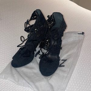Schutz black lace-up heels with peep toe. Size 8.